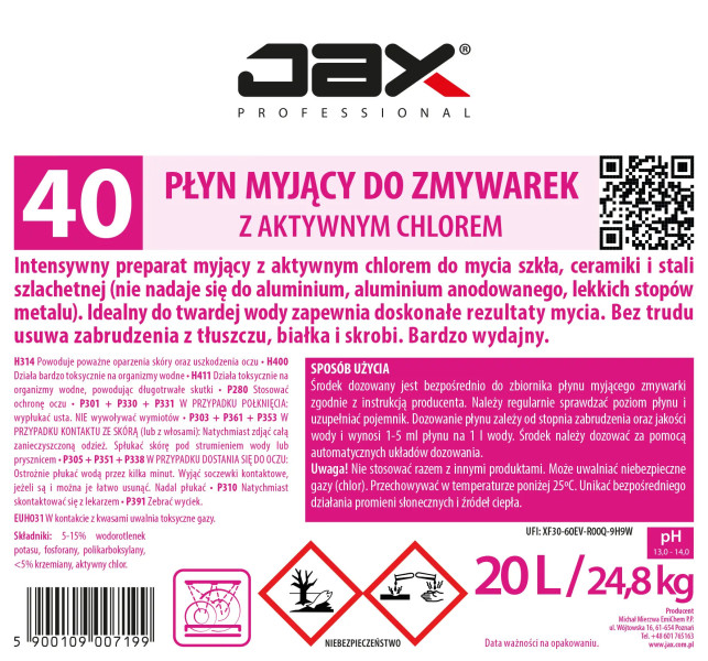 Płyn myjący do zmywarek z aktywnym chlorem do mycia naczyń, szkła, ceramiki, stali szlachetnej JAX 40